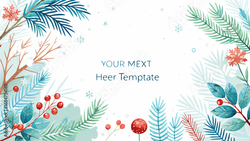 Festive winter watercolor border with pine branches berries and snowflakes for holiday greetings