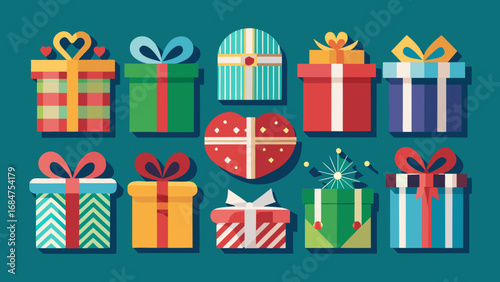 Collection of colorful flat design gift boxes and a heart shaped present with ribbons and bows