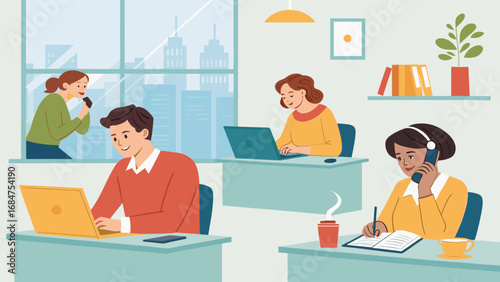Happy diverse professionals collaborate and work productively in a modern office, using laptops and phones. Ideal for business, teamwork, and communication concepts.