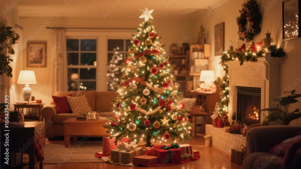 Obraz premium In a warm indoor space, a beautifully decorated Christmas tree is surrounded by gifts, full of Christmas atmosphere. 