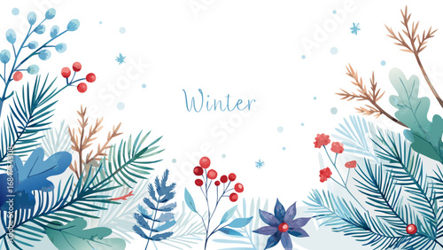Whimsical watercolor winter border with snowflakes and berries on white background