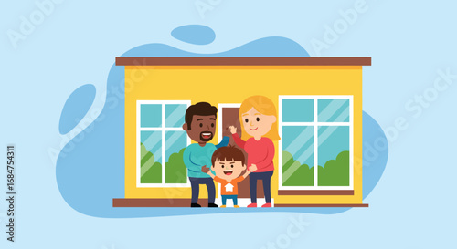 Happy diverse family standing proudly in front of their home. Represents homeownership, love, and security for real estate, lifestyle, or family concepts.