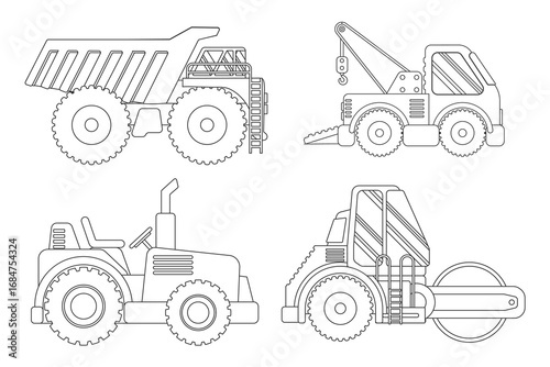 Coloring Page Outline Collection Of Construction Vehicles Including Dump Truck, Excavator, Loader And Roller