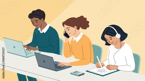 Diverse team members engaged in productive work: one on a laptop, another talking on the phone, and a third writing. Ideal for business, remote work, or collaborative concepts.