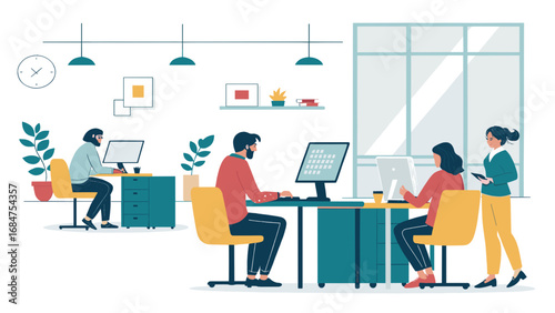Diverse team collaborating in a modern office, engaged in digital work and communication. Ideal for concepts of teamwork, productivity, and contemporary business environments.