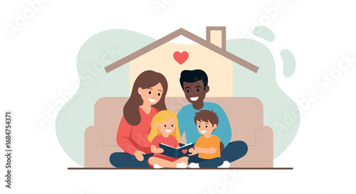 A diverse family reading a book together at home, symbolizing love, togetherness, and education. Ideal for family, lifestyle, and home-related themes.