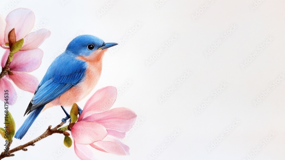 Fototapeta premium Watercolor scene of blue bird singing on blooming magnolia, pastel spring vibe