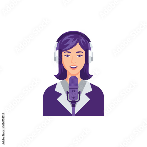 Smiling woman in business attire, wearing headphones and microphone, likely a podcast host or radio presenter.