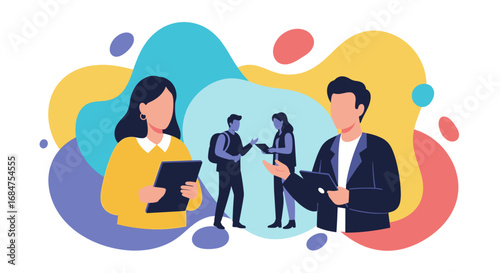 Professionals collaborate digitally, using tablets for online communication and teamwork amidst abstract, colorful shapes. Ideal for business, education, or digital lifestyle concepts.