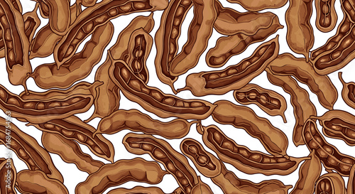 A seamless pattern of tamarind pods, detailed illustration.