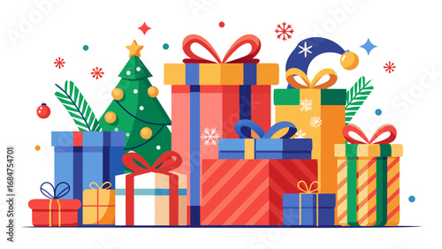 Festive pile of colorful christmas gifts and decorated tree with playful ornaments and snowflakes