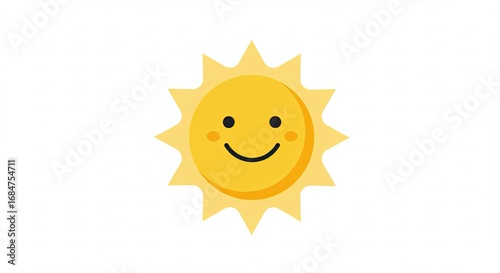 Cute Yellow Sun Smiling on White Background Cartoon Style