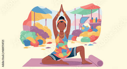 Serene woman practicing yoga in a vibrant, abstract outdoor setting, embodying mindfulness and healthy living. Ideal for wellness, travel, or lifestyle content.