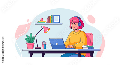 Focused woman with headphones working on a laptop at a bright home office desk, illustrating remote work, online education, or a productive lifestyle.