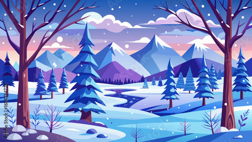 Stylized winter landscape with snow covered mountains pine trees and a winding river under a colorful sky