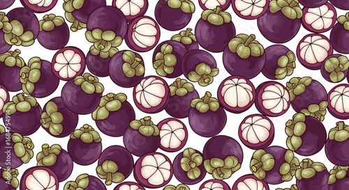 A seamless pattern of mangosteens, whole and halved, with detailed illustrations of the fruit's skin, flesh, and seeds.