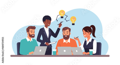 Business professionals collaborating on new ideas and strategies during a meeting, representing teamwork, innovation, and diverse talent in a corporate setting.