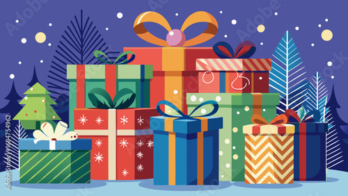 Festive pile of colorful christmas presents with bows and ribbons under a starry winter night sky