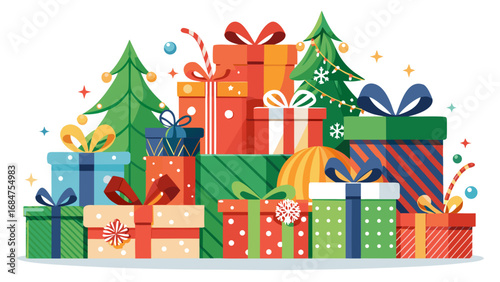 Abundant pile of colorful christmas presents and decorated trees creating a festive holiday scene