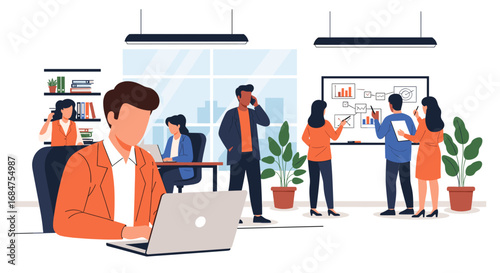 Diverse business professionals actively collaborate in a modern office, engaged in teamwork, analysis, and communication. Ideal for corporate, startup, or productivity concepts.
