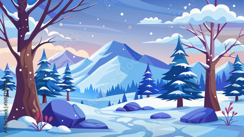 Stylized winter mountain landscape with snow covered trees and falling snow