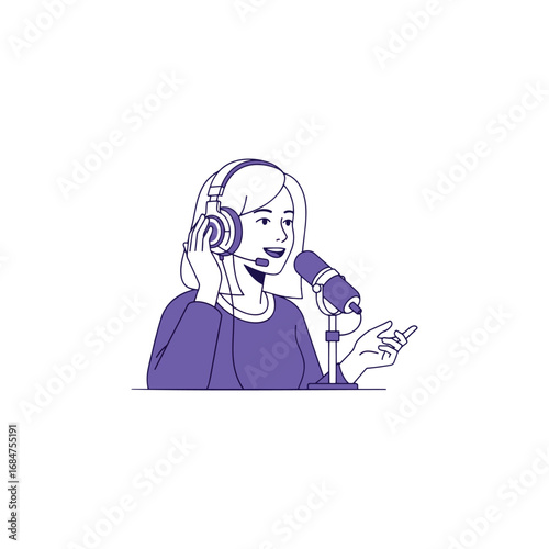 A line art illustration of a woman wearing headphones and speaking into a microphone for a podcast or broadcast.
