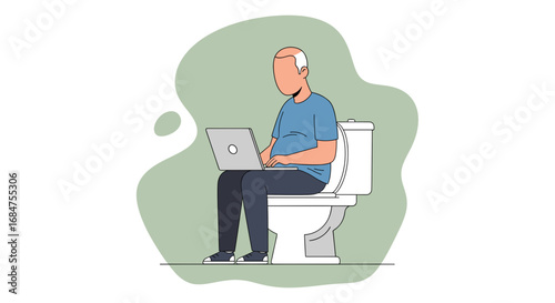 Man sitting on a toilet using a laptop, illustrating remote work, multitasking, or work-life integration in a humorous way.