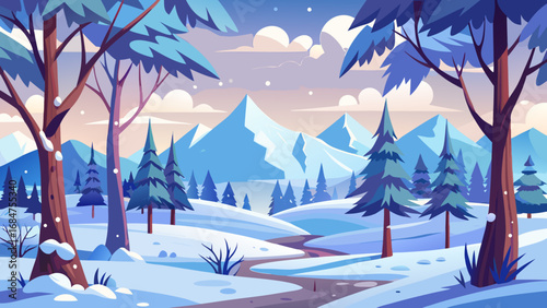 Serene winter landscape with snow covered mountains pine trees and a winding path