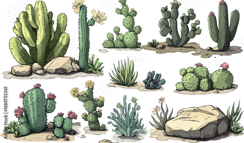 Collection of various desert cacti and succulents with blooming flowers and rocks on a white background