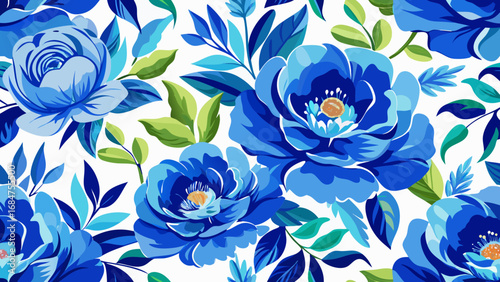 Vibrant blue floral pattern with lush green leaves on a clean white background