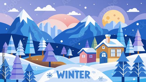 Charming winter landscape with snow covered mountains houses and pine trees under a full moon