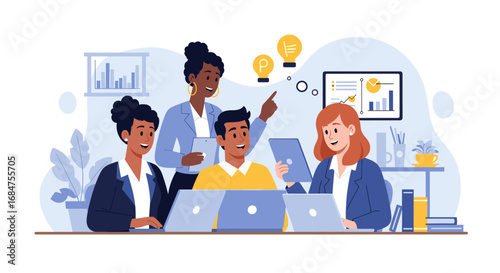Diverse business team collaborating on a project in a modern office, sharing ideas and analyzing data for growth and success.