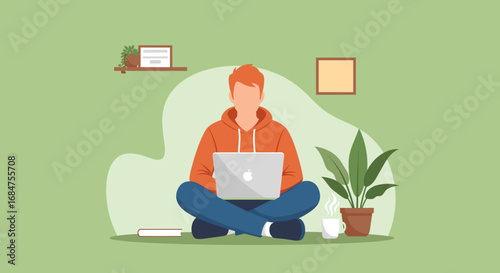 Young man working remotely on a laptop at home in a comfortable, relaxed setting, surrounded by plants. Ideal for freelance, study, or online business concepts.