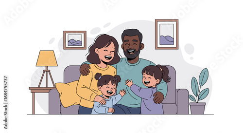A happy diverse family, including parents and two daughters, smiles cheerfully while sitting together on a sofa in their cozy home, depicting love and togetherness.