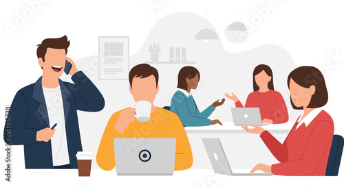 Diverse business team collaborating in a modern office, engaging in work, communication, and focused productivity. Ideal for business concepts.