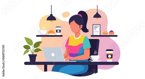 Young woman productively working on her laptop in a modern cafe setting, perfect for remote work, business, or lifestyle content.
