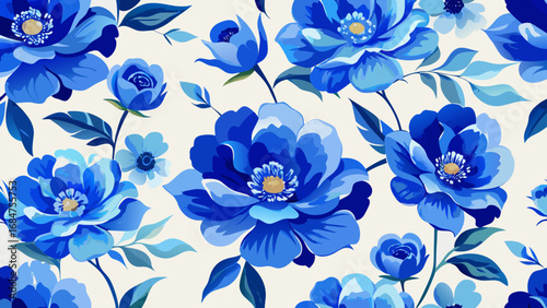 Seamless pattern of vibrant blue floral blossoms with delicate green leaves on a light background