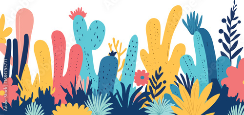 Vibrant and whimsical desert landscape with colorful cacti and succulents on a white background