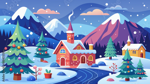 Cozy winter village scene with snow falling on decorated christmas trees and houses