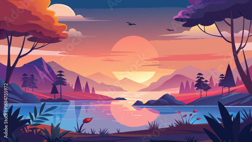 Vibrant sunset over a tranquil lake with majestic mountains and silhouetted trees