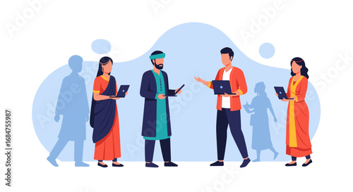 Professional South Asian individuals in traditional dress engage with technology, representing global business, networking, and cultural exchange.