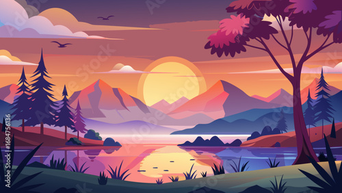 Vibrant sunset over a serene lake with majestic mountains and silhouetted trees
