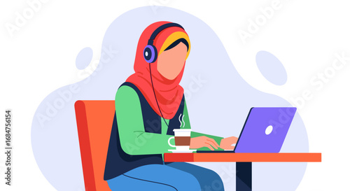 Focused woman in hijab and headphones works on laptop, enjoying coffee. Ideal for themes of remote work, online learning, or modern digital lifestyle.