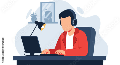 Professional working remotely on a laptop with headphones, focused on tasks. Ideal for business, online learning, or virtual communication concepts.