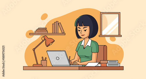 Focused woman diligently working on her laptop at a home office desk, surrounded by books. Represents productivity, remote work, online education, and professional development.
