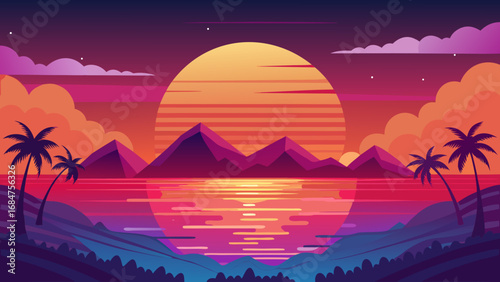 Vibrant tropical sunset over calm ocean with silhouetted palm trees and mountains