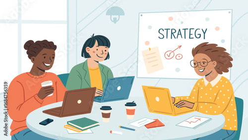 Diverse business team collaborating on strategy in a modern office. Professionals use laptops and discuss ideas, symbolizing teamwork, planning, and innovation.