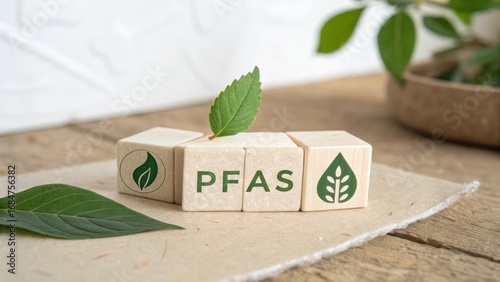 Wooden blocks display PFAS with leaves on a natural surface. forever chemicals concept