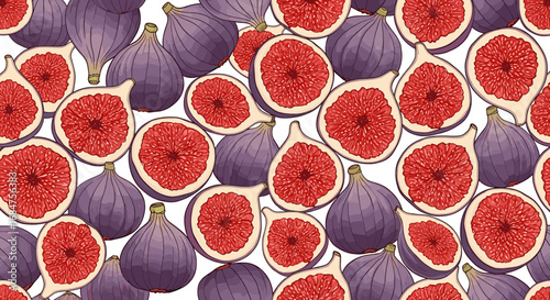 A vibrant illustration showcasing a delightful pattern of whole and halved fresh figs with their rich red interiors and deep purple skins.