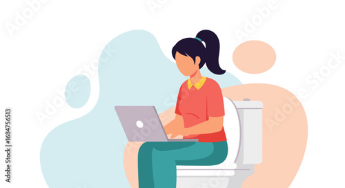 Woman sits on a toilet using a laptop, illustrating remote work, multitasking, or the blurring lines between personal and professional life.